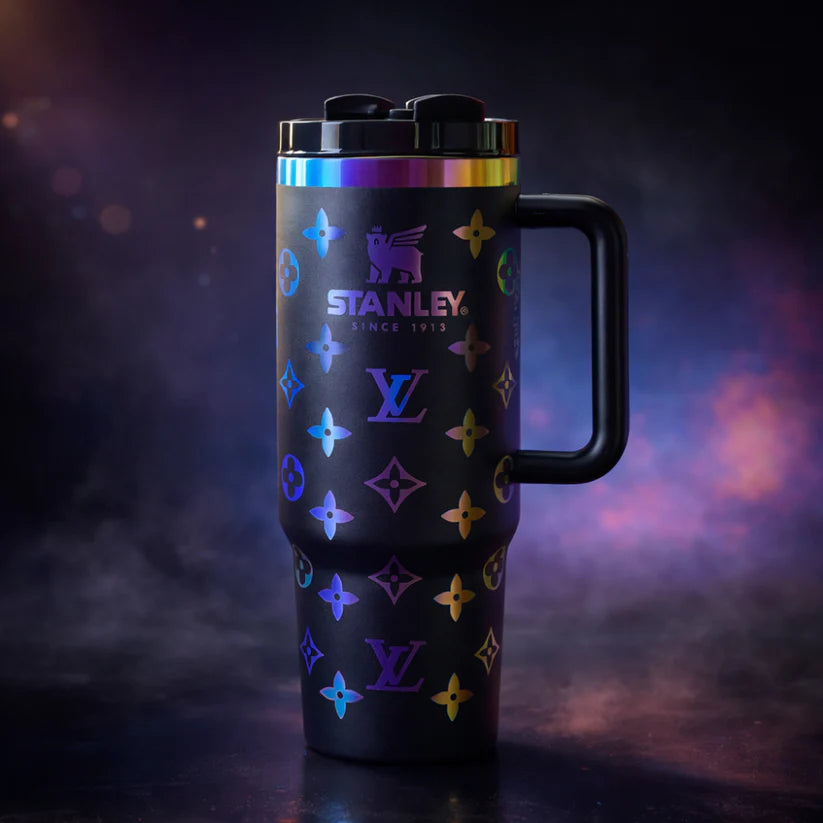 Stanley LV Inspired 40oz Quencher Tumbler – Custom Lavender Monogram Insulated Cup with Handle & Straw – Luxury Travel Mug for Hot & Cold Drinks