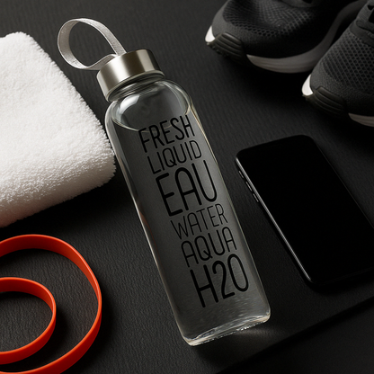 Glassozy Premium Glass Water Bottle – Sleek Minimalist Reusable Drinkware with Stainless Steel Lid and Carrying Strap – Eco-Friendly "Fresh Liquid" Graphic Design