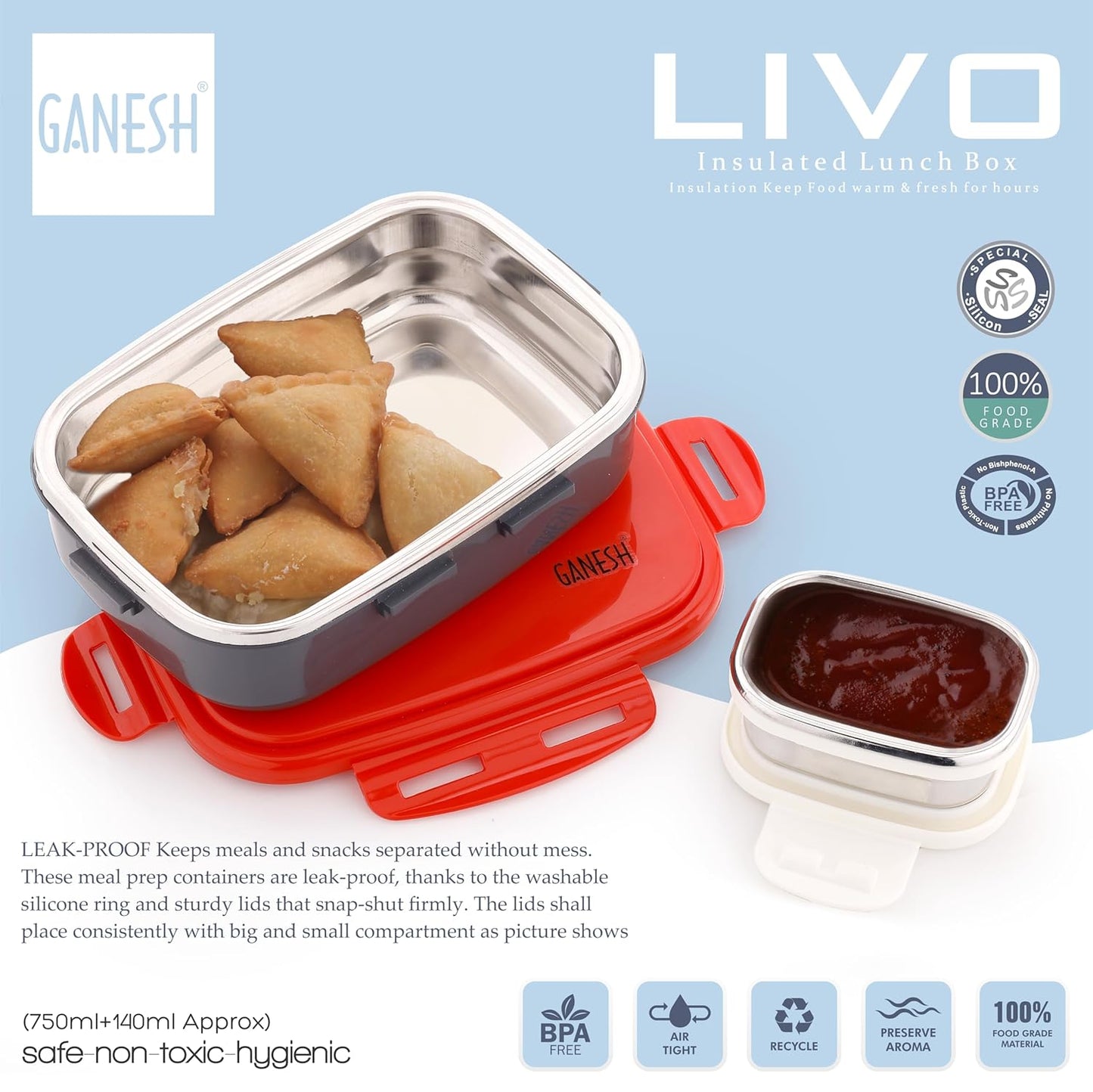 GANESH Stainless Steel Livo Insulated Lunch Box Container with Airtight Lid for Office & School Use/Food Grade/Air Tight/Easy to Carry/Leak Proof (750ml +140ml)
