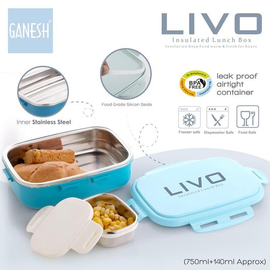 GANESH Stainless Steel Livo Insulated Lunch Box Container with Airtight Lid for Office & School Use/Food Grade/Air Tight/Easy to Carry/Leak Proof (750ml +140ml)