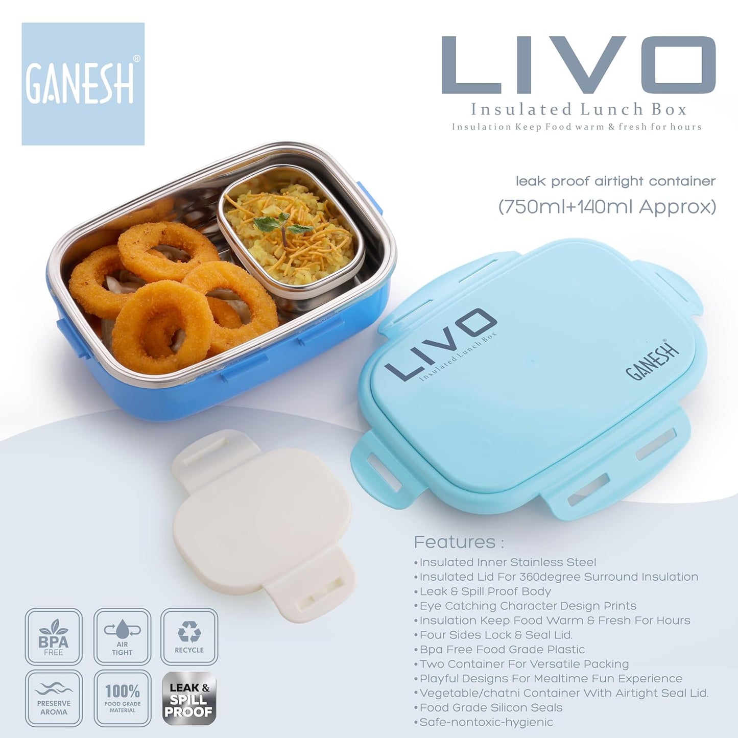 GANESH Stainless Steel Livo Insulated Lunch Box Container with Airtight Lid for Office & School Use/Food Grade/Air Tight/Easy to Carry/Leak Proof (750ml +140ml)