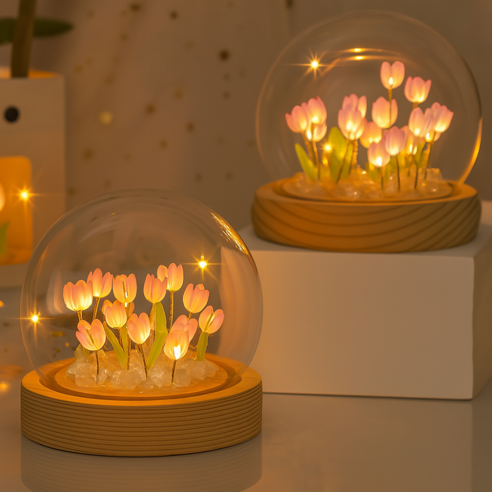 Glassozy Tulip Crystal Dome LED Lamp – Luxury Flower Night Light with Wooden Base | Romantic Bedroom Decor, Gift for Couples, Anniversary & Home Aesthetic Lighting
