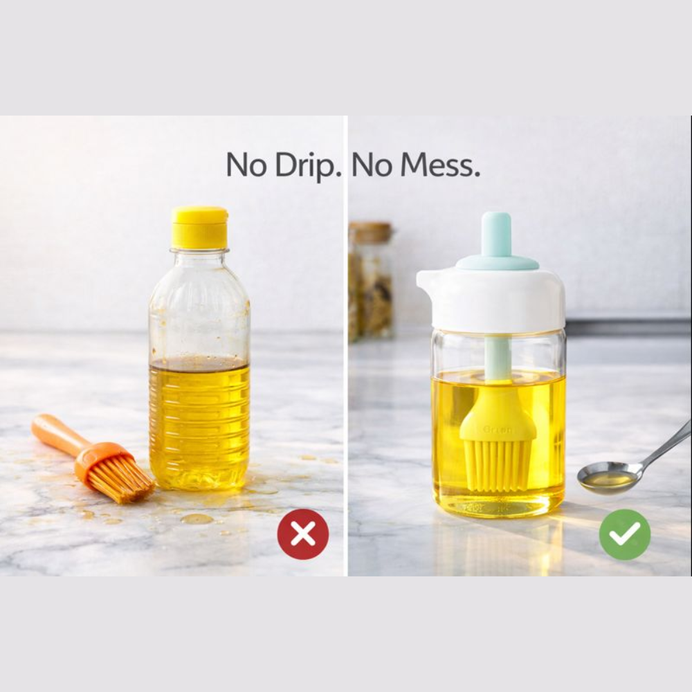 2-in-1 Oil Dispenser Bottle with Silicone Brush – Leak-Proof Cooking Oil Bottle for Frying, Baking, BBQ & Salad (Food-Grade, Heat Resistant, 300ml)