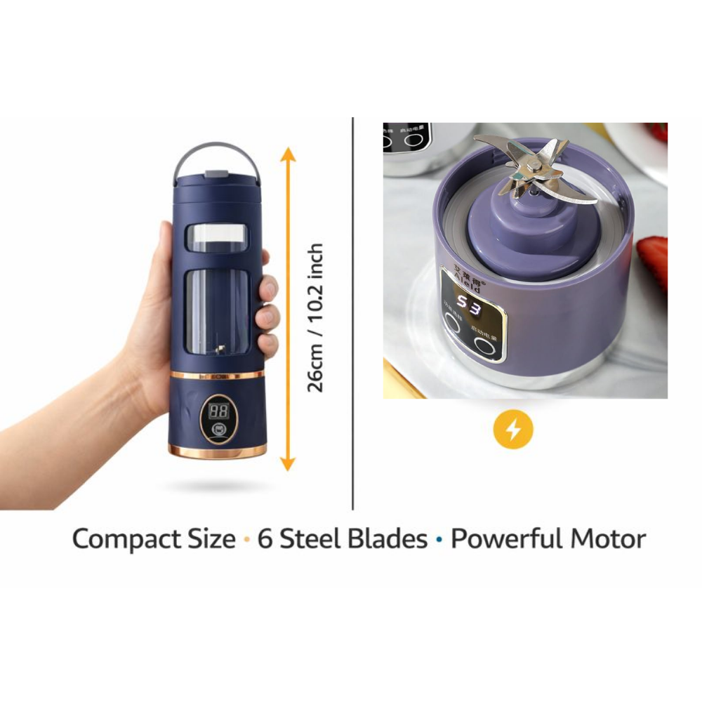 Portable Rechargeable Blender with 6 Stainless Steel Blades | USB Personal Juicer Mixer for Smoothies, Shakes & Fruits | Mini Electric Blender for Gym, Office & Travel