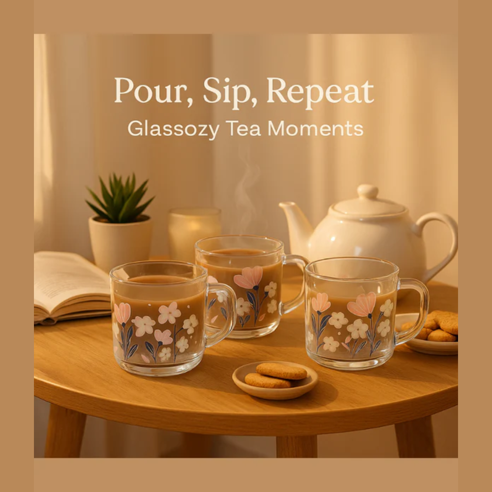 Glassozy Floral Bliss Glass Mug Set – 350ml (6 pcs)