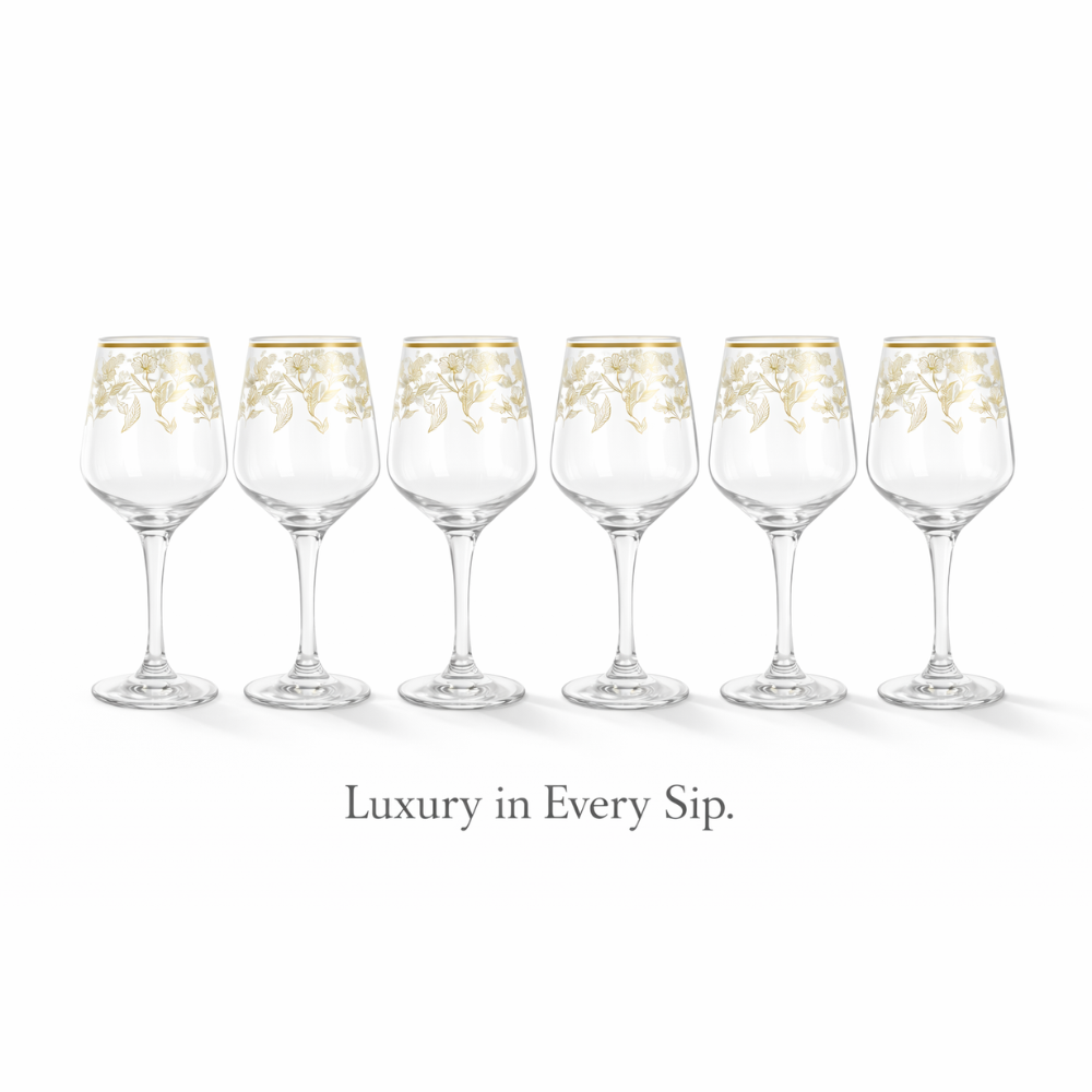 Premium Gold Floral Wine Glass Set (Pack of 6) – Elegant Long Stem Crystal Clear Glassware with Gold Rim – Luxury Wedding, Anniversary & Party Drinkware