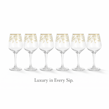 Premium Gold Floral Wine Glass Set (Pack of 6) – Elegant Long Stem Crystal Clear Glassware with Gold Rim – Luxury Wedding, Anniversary & Party Drinkware
