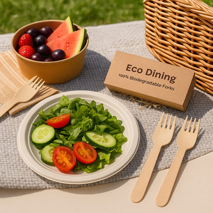 Eco-Friendly Wooden Forks (100 pcs) – 100% Natural Birchwood | Biodegradable, Compostable, Plastic-Free Cutlery for Party, Picnic & Food Service