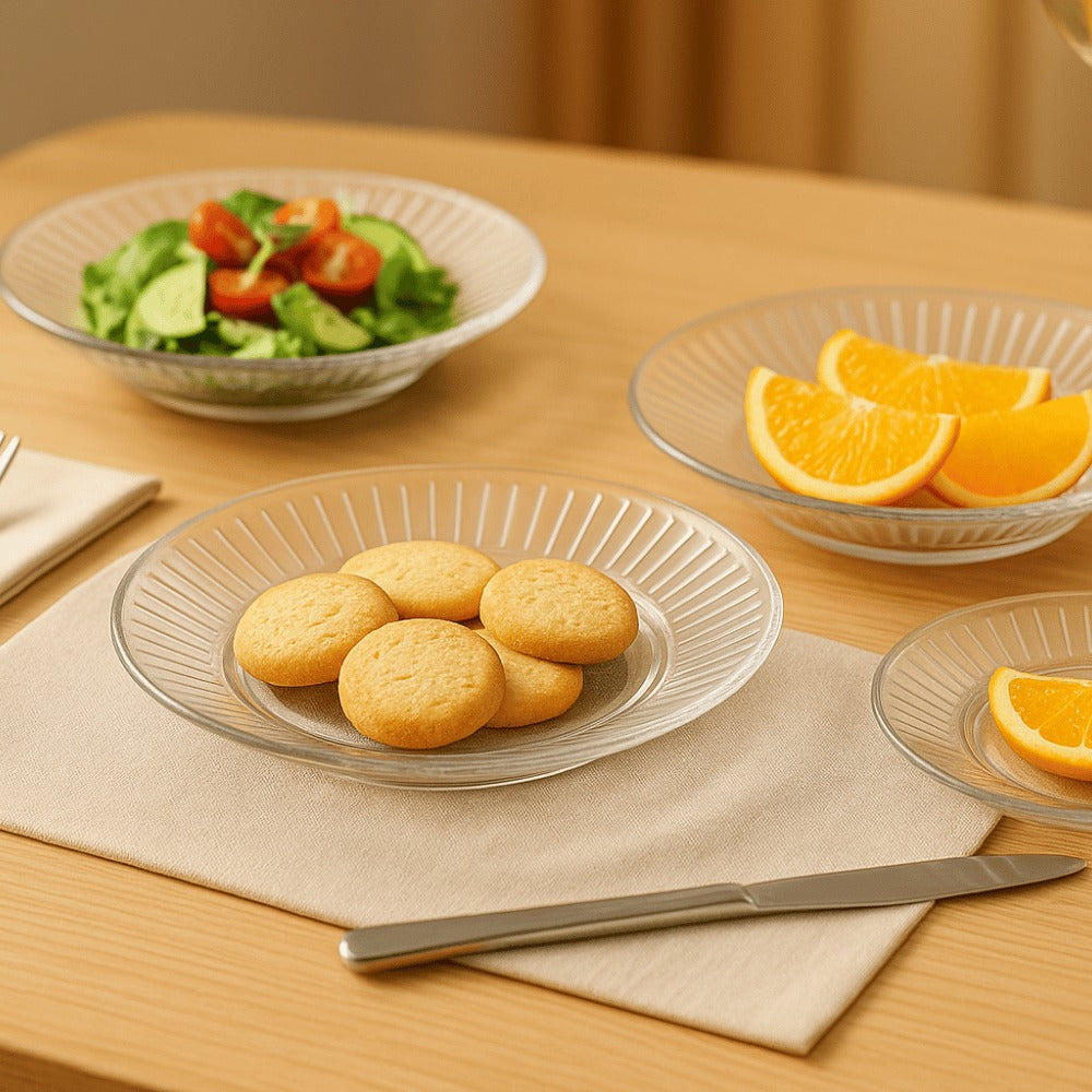Glass Platter Set | 6-Piece Transparent Dinner Plates | Premium Ribbed Edge Design | Lead-Free Crystal Glass Tableware for Snacks, Desserts & Dining