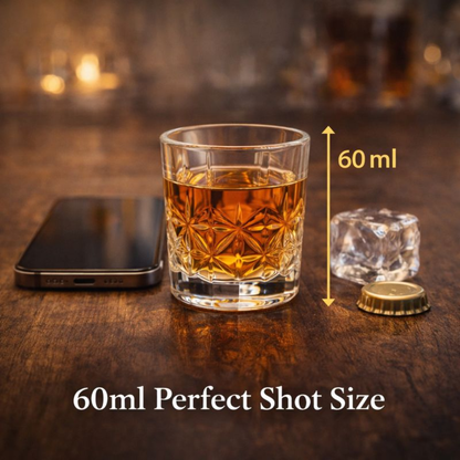Crystal Cut Shot Glass Set of 6 (60ml) – Premium Designer Whisky, Vodka & Tequila Glasses for Home Bar, Parties & Gifting