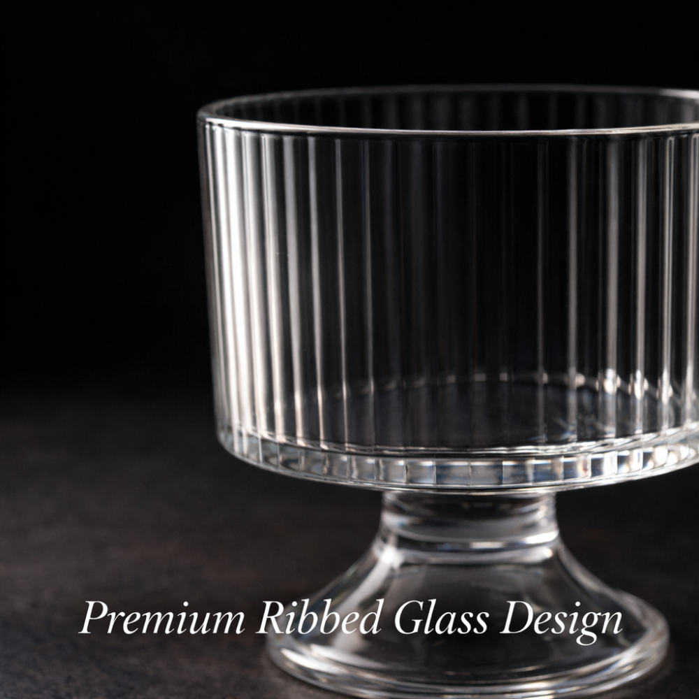 Premium Ribbed Glass Dessert Bowl Set (6 Pieces) – 260 ML Transparent Ice Cream & Falooda Cups with Pedestal Base | Elegant Serving Bowls for Home, Parties & Gifting