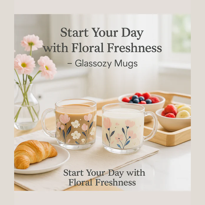 Glassozy Floral Bliss Glass Mug Set – 350ml (6 pcs)