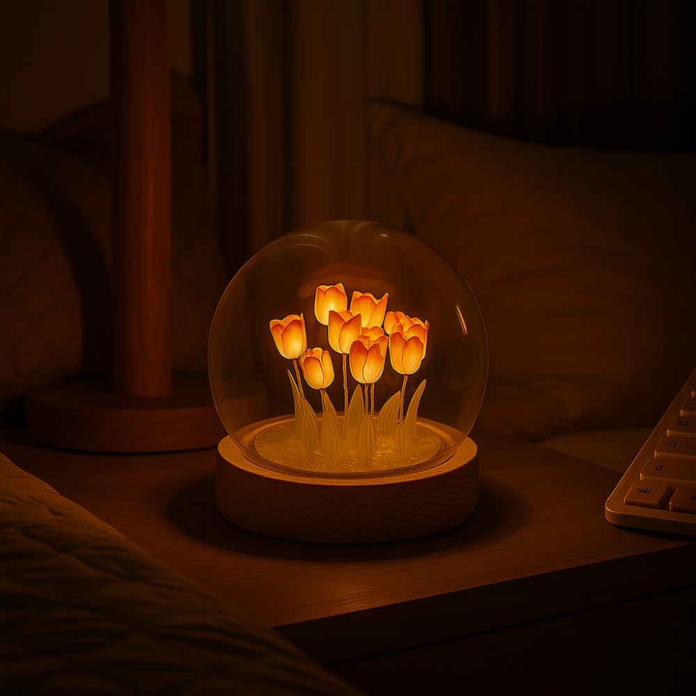 Glassozy Tulip Crystal Dome LED Lamp – Luxury Flower Night Light with Wooden Base | Romantic Bedroom Decor, Gift for Couples, Anniversary & Home Aesthetic Lighting