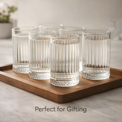 Glassozy 6-Piece Highball Glassware Set with Fluted Texture – Elegant Ribbed Drinking Glasses and Natural Wooden Serving Tray – Ideal Housewarming & Wedding Gift Set