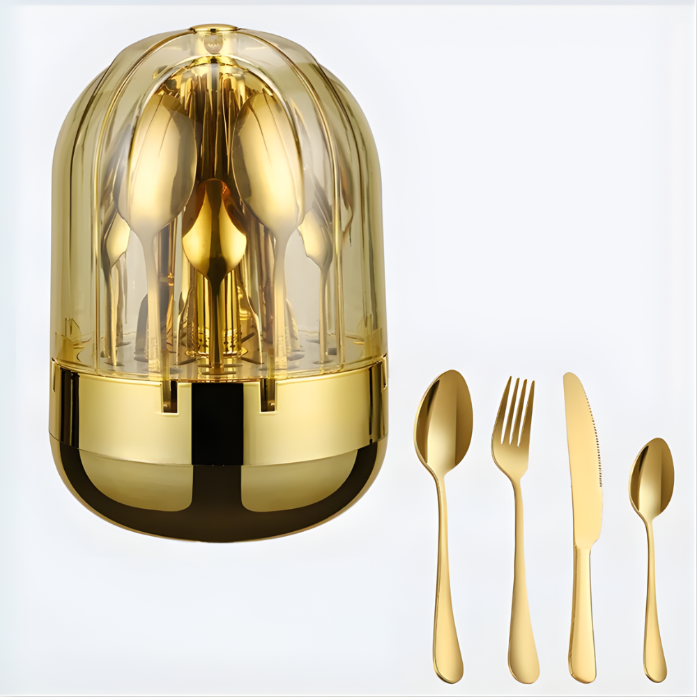 Luxury 24-Piece Gold Cutlery Set with Rotating Dustproof Storage Dome – Hygienic 360° Spin Flatware Organizer – Premium Stainless Steel Spoons, Forks, & Knives for Elegant Dining & Kitchen Decor
