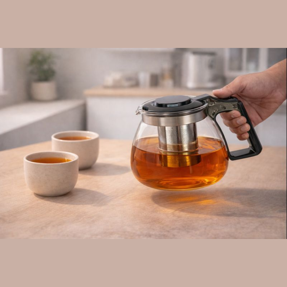 1 Litre Glass Teapot with Stainless Steel Infuser – Heat-Resistant Borosilicate Tea Maker with Heat-Safe Handle for Loose Leaf and Blooming Tea