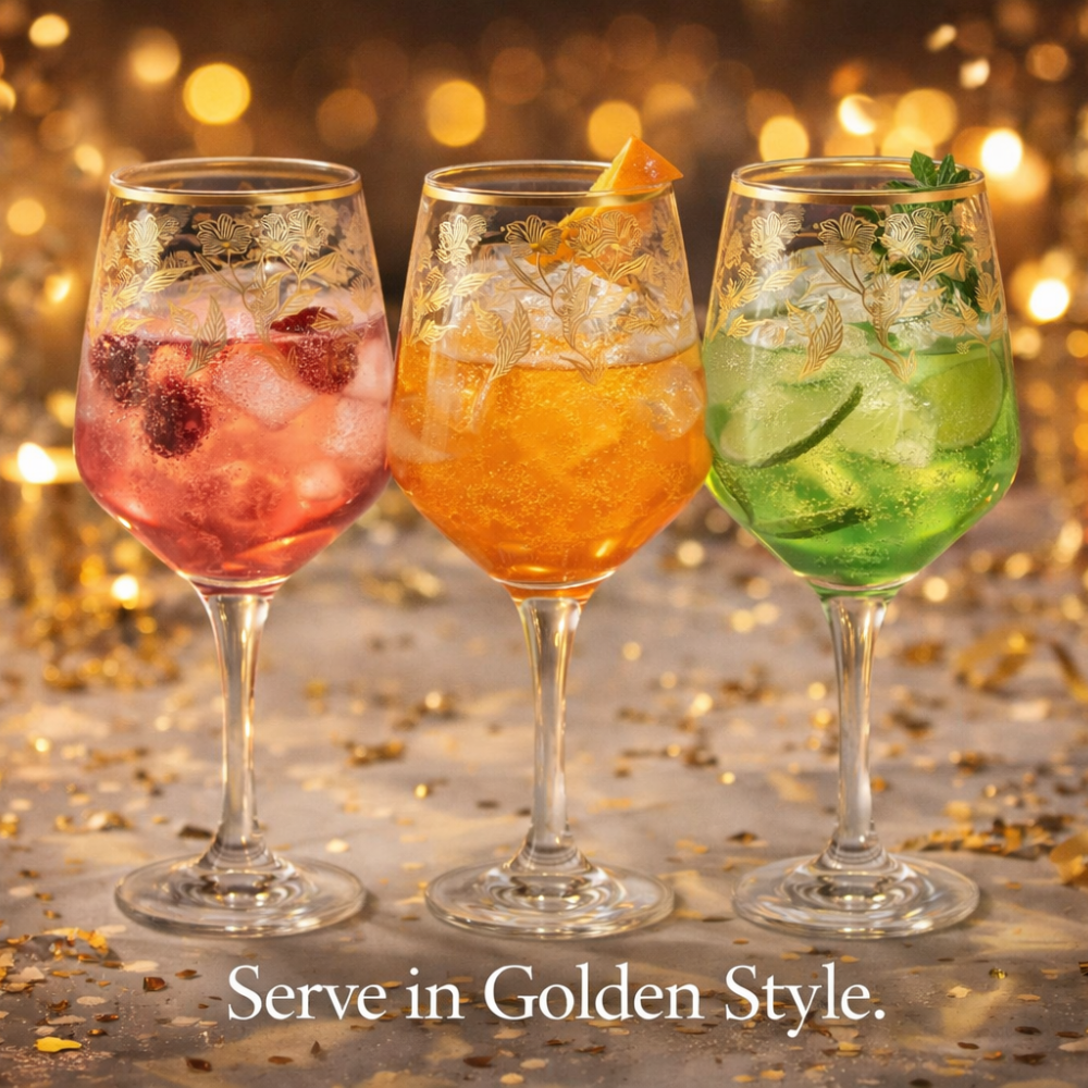 Premium Gold Floral Wine Glass Set (Pack of 6) – Elegant Long Stem Crystal Clear Glassware with Gold Rim – Luxury Wedding, Anniversary & Party Drinkware
