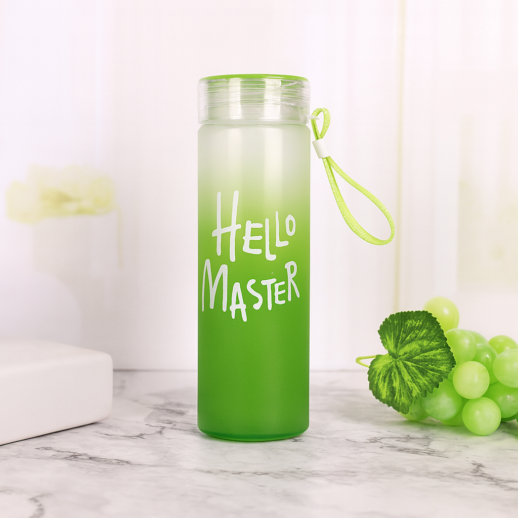 Hello Master Frosted Glass Water Bottle | 500ml Leakproof & Eco-Friendly Travel Bottle with Silicone Strap | Stylish Reusable Bottle for Office, Gym, and Outdoor Use (Multicolor)