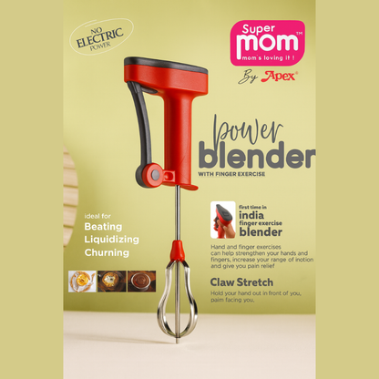 Super Mom Manual Power Blender – No-Electric Hand Beater for Beating, Whipping, Lassi, Coffee Froth & Cooking (Finger Exercise Handle, Stainless Steel Whisk)