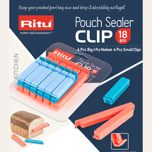 Ritu Pouch Sealer Clip Set (18 pcs) – Multi-Size Food Bag Clips for Airtight Sealing | Reusable Kitchen Packet Sealer for Chips, Bread, Masala & Snacks | Strong Lock & Freshness Keeper PACK OF 2
