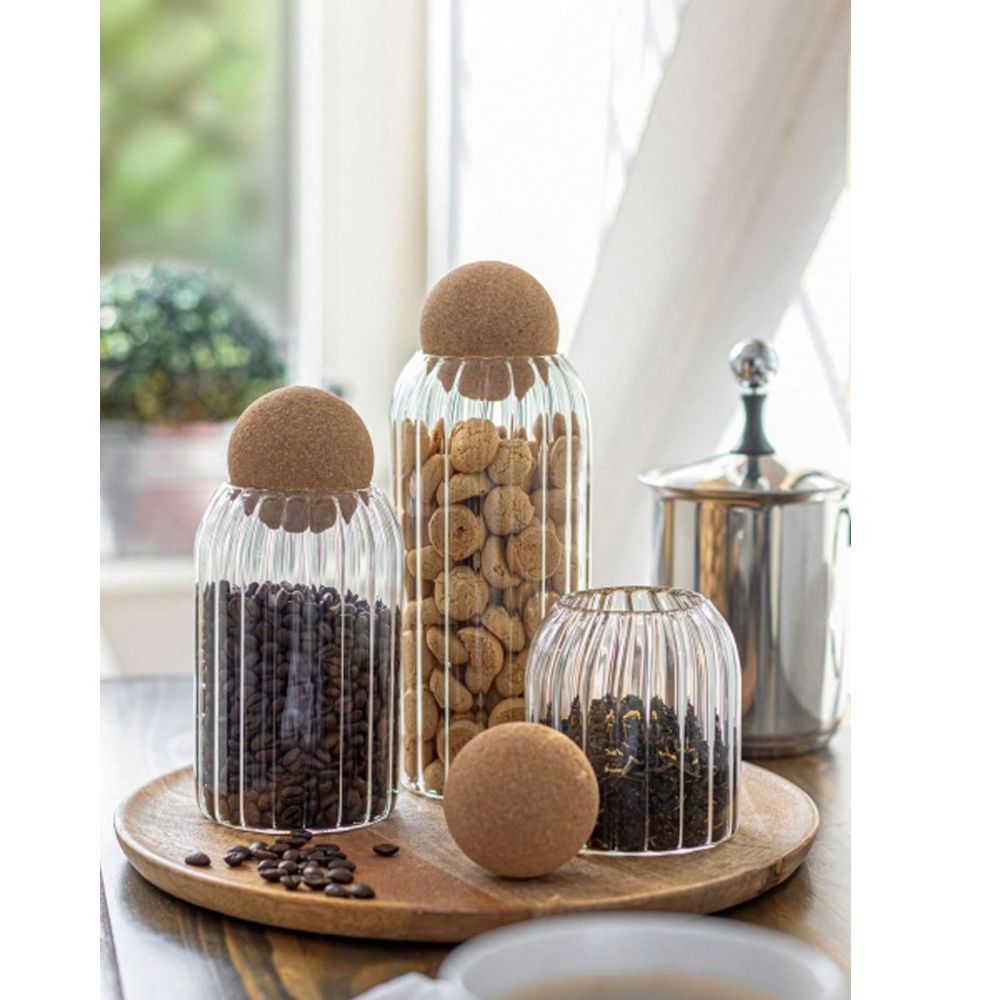 Echou 3-Piece Premium Glass Jar Gift Set with Wooden Ball Lids (500 ml + 800 ml + 1200 ml) – Elegant Ribbed Glass Containers for Dry Fruits, Snacks & Kitchen Storage