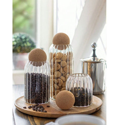 Echou 3-Piece Premium Glass Jar Gift Set with Wooden Ball Lids (500 ml + 800 ml + 1200 ml) – Elegant Ribbed Glass Containers for Dry Fruits, Snacks & Kitchen Storage