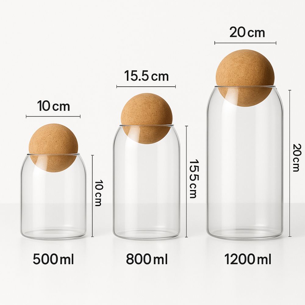 Echou 3-Piece Premium Glass Jar Gift Set with Wooden Ball Lids (500 ml + 800 ml + 1200 ml) – Elegant Ribbed Glass Containers for Dry Fruits, Snacks & Kitchen Storage