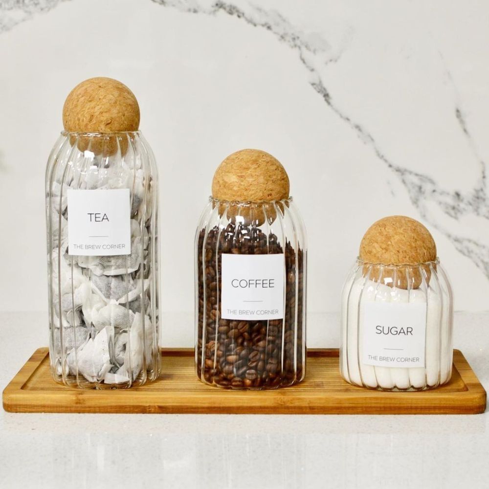 Echou 3-Piece Premium Glass Jar Gift Set with Wooden Ball Lids (500 ml + 800 ml + 1200 ml) – Elegant Ribbed Glass Containers for Dry Fruits, Snacks & Kitchen Storage