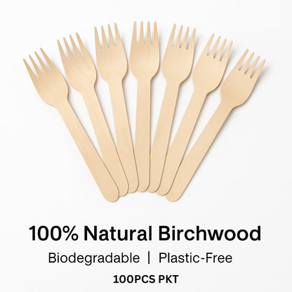 Eco-Friendly Wooden Forks (100 pcs) – 100% Natural Birchwood | Biodegradable, Compostable, Plastic-Free Cutlery for Party, Picnic & Food Service