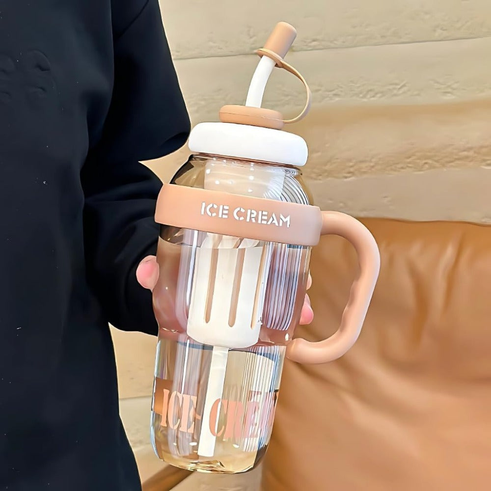 Premium Ice Cream Straw Sipper Bottle – Cute Aesthetic Water Mug with Handle & Lid for Kids & Adults (600ml, Multicolour)