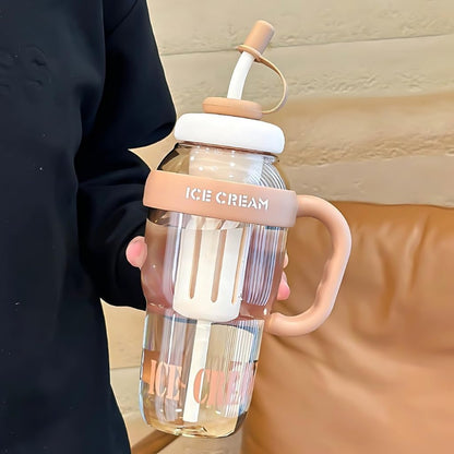 Premium Ice Cream Straw Sipper Bottle – Cute Aesthetic Water Mug with Handle & Lid for Kids & Adults (600ml, Multicolour)
