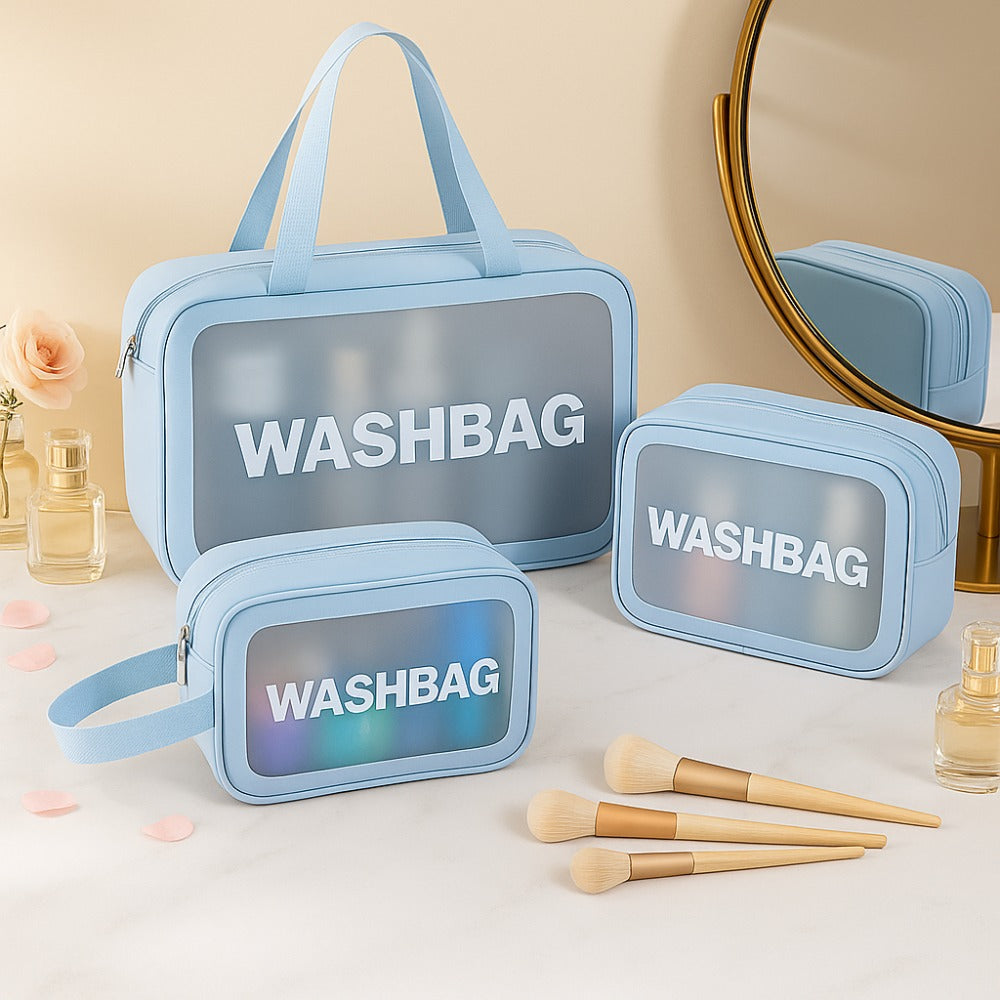 3-in-1 Transparent Travel Washbag Set | Light Blue Toiletry & Makeup Organizer for Women & Men