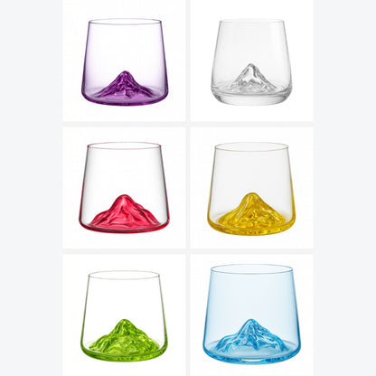 Set of 6 Color Mountain-Peak Glasses – Sculpted 3D Base, Thick-Bottom Rocks/Juice Tumblers (Assorted Purple, Clear, Red, Amber, Green, Blue) | Lead-Free