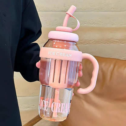 Premium Ice Cream Straw Sipper Bottle – Cute Aesthetic Water Mug with Handle & Lid for Kids & Adults (600ml, Multicolour)