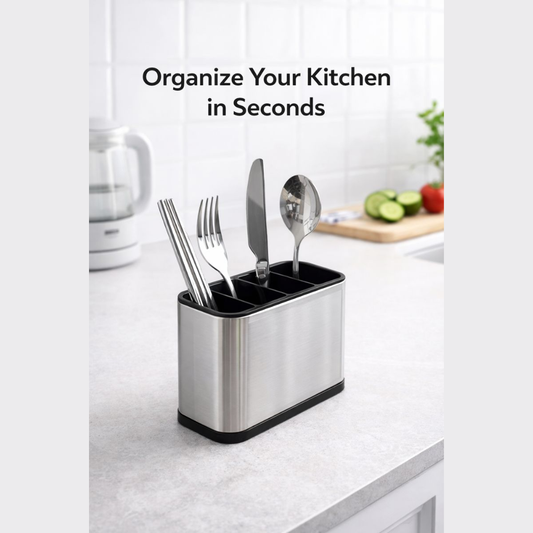 Stainless Steel Cutlery Holder with 4 Compartments – Kitchen Spoon, Fork & Knife Stand Organizer for Countertop & Sink
