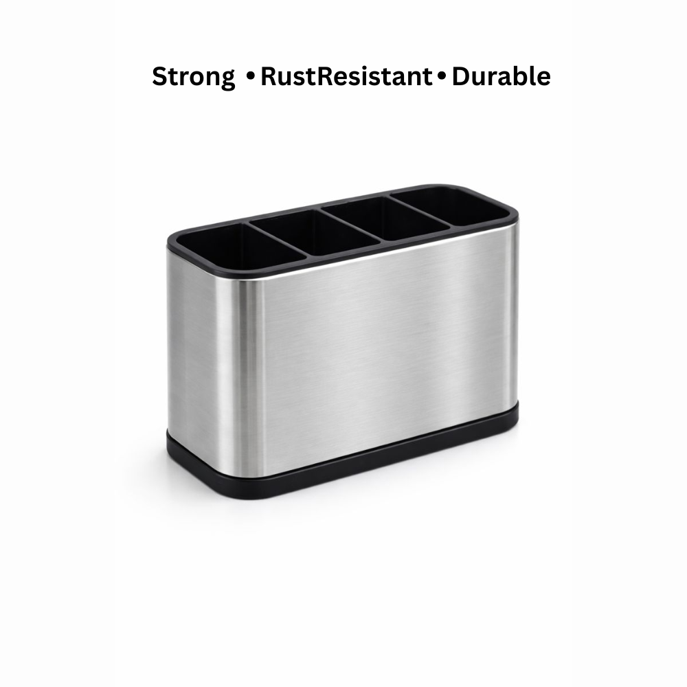 Stainless Steel Cutlery Holder with 4 Compartments – Kitchen Spoon, Fork & Knife Stand Organizer for Countertop & Sink