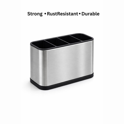 Stainless Steel Cutlery Holder with 4 Compartments – Kitchen Spoon, Fork & Knife Stand Organizer for Countertop & Sink