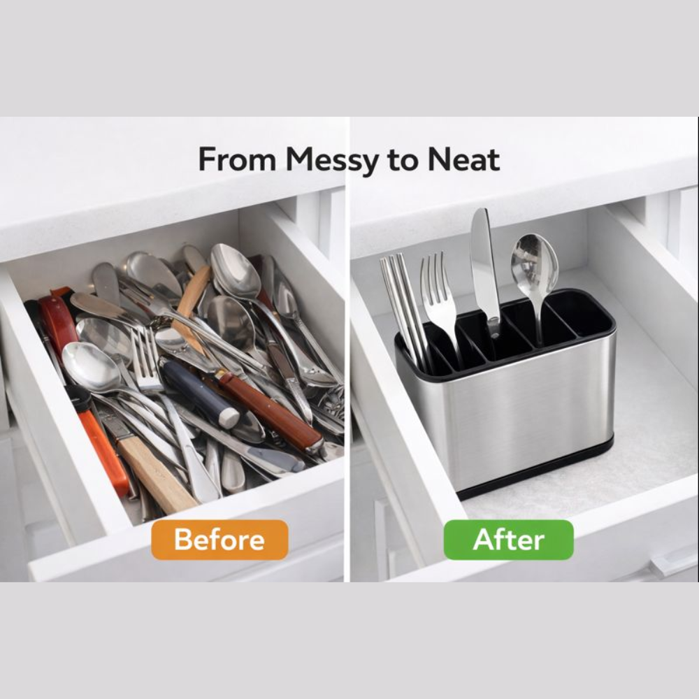 Stainless Steel Cutlery Holder with 4 Compartments – Kitchen Spoon, Fork & Knife Stand Organizer for Countertop & Sink