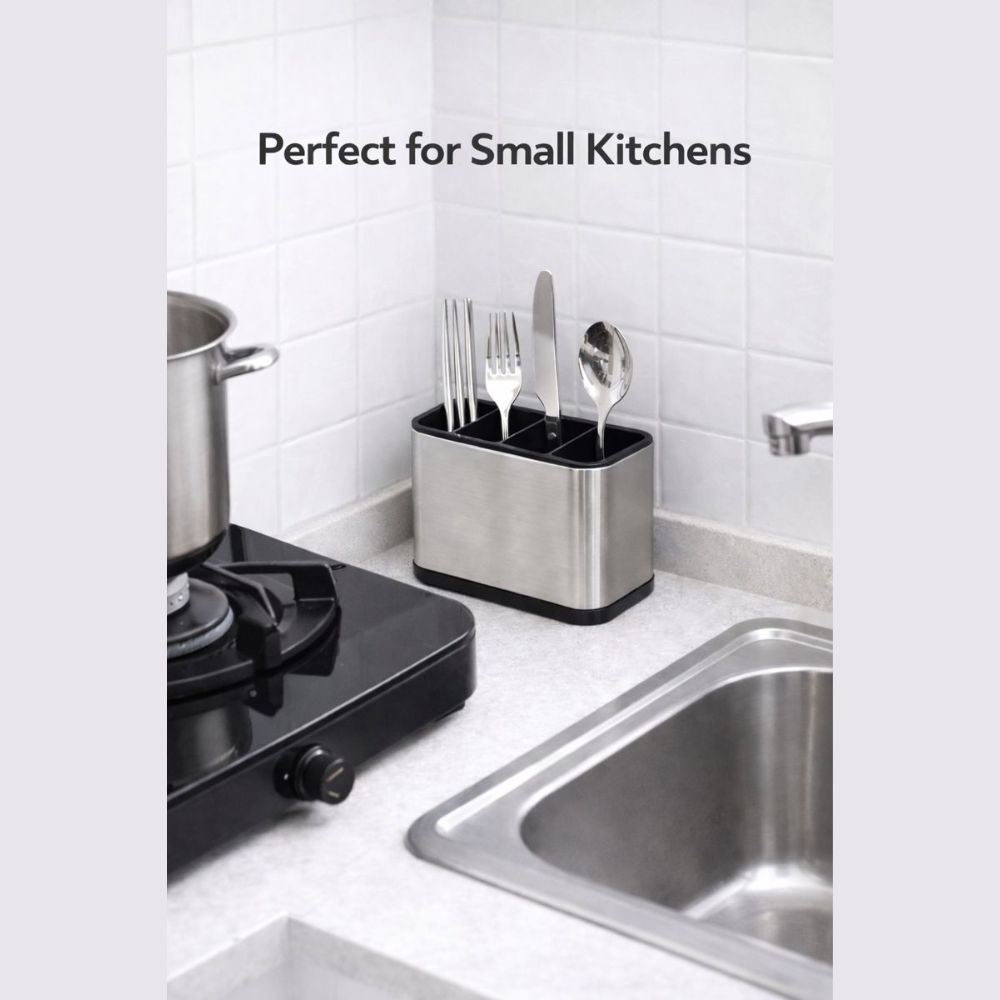 Stainless Steel Cutlery Holder with 4 Compartments – Kitchen Spoon, Fork & Knife Stand Organizer for Countertop & Sink